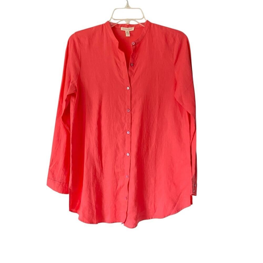 Eileen Fisher Organic Linen Collarless Button Down Shirt size Petite Small PS